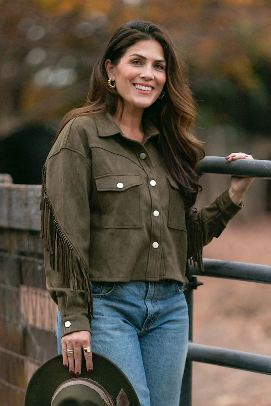 Ranch Hand Fringe Suede Shirt Jacket Olive