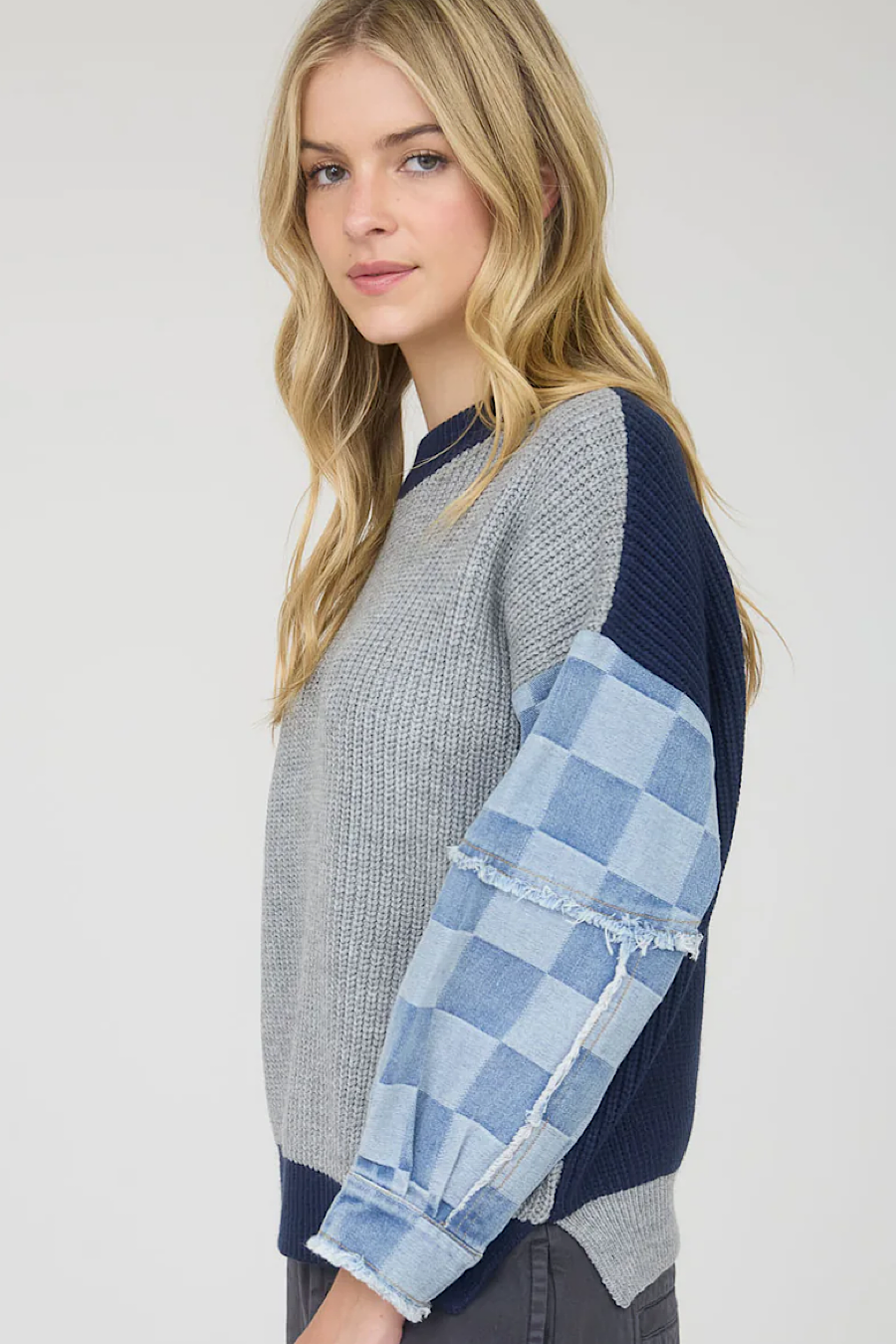 Nirvana Checkered Denim Sleeve Sweater