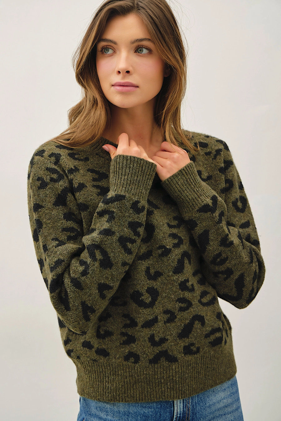 Wild Moment Leopard Jacuard Sweater Olive