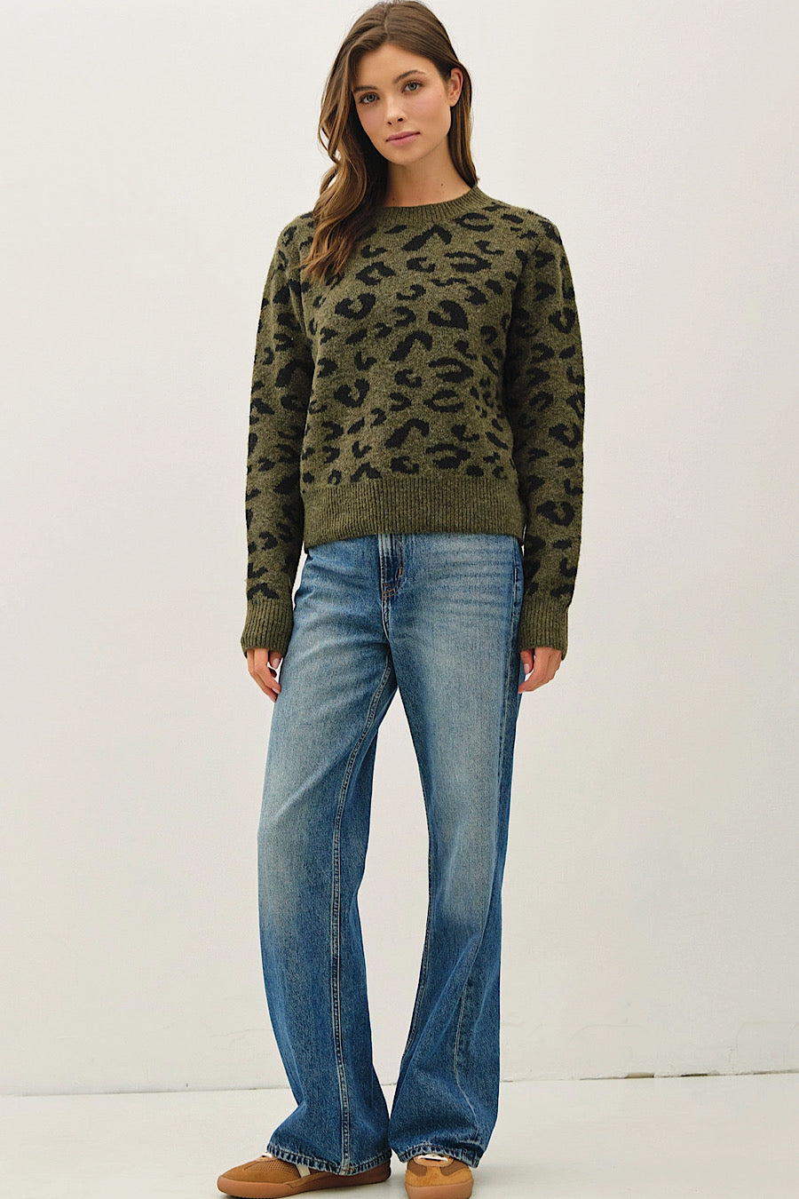 Wild Moment Leopard Jacuard Sweater Olive