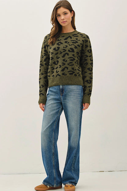Wild Moment Leopard Jacuard Sweater Olive