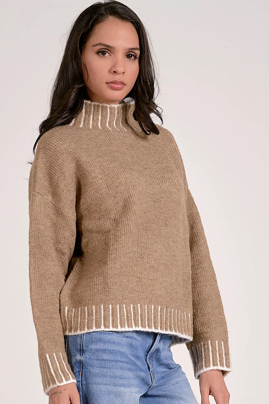 Valma Stitch Pullover Hi-Neck Sweater Tan