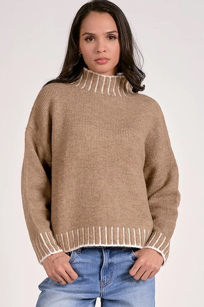 Valma Stitch Pullover Hi-Neck Sweater Tan