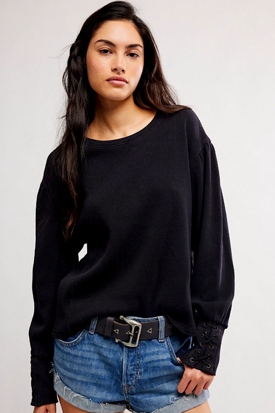 Free People Lapis Cuff Waffle Knit Top