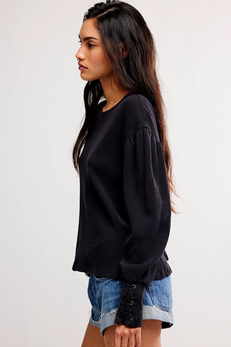 Free People Lapis Cuff Waffle Knit Top