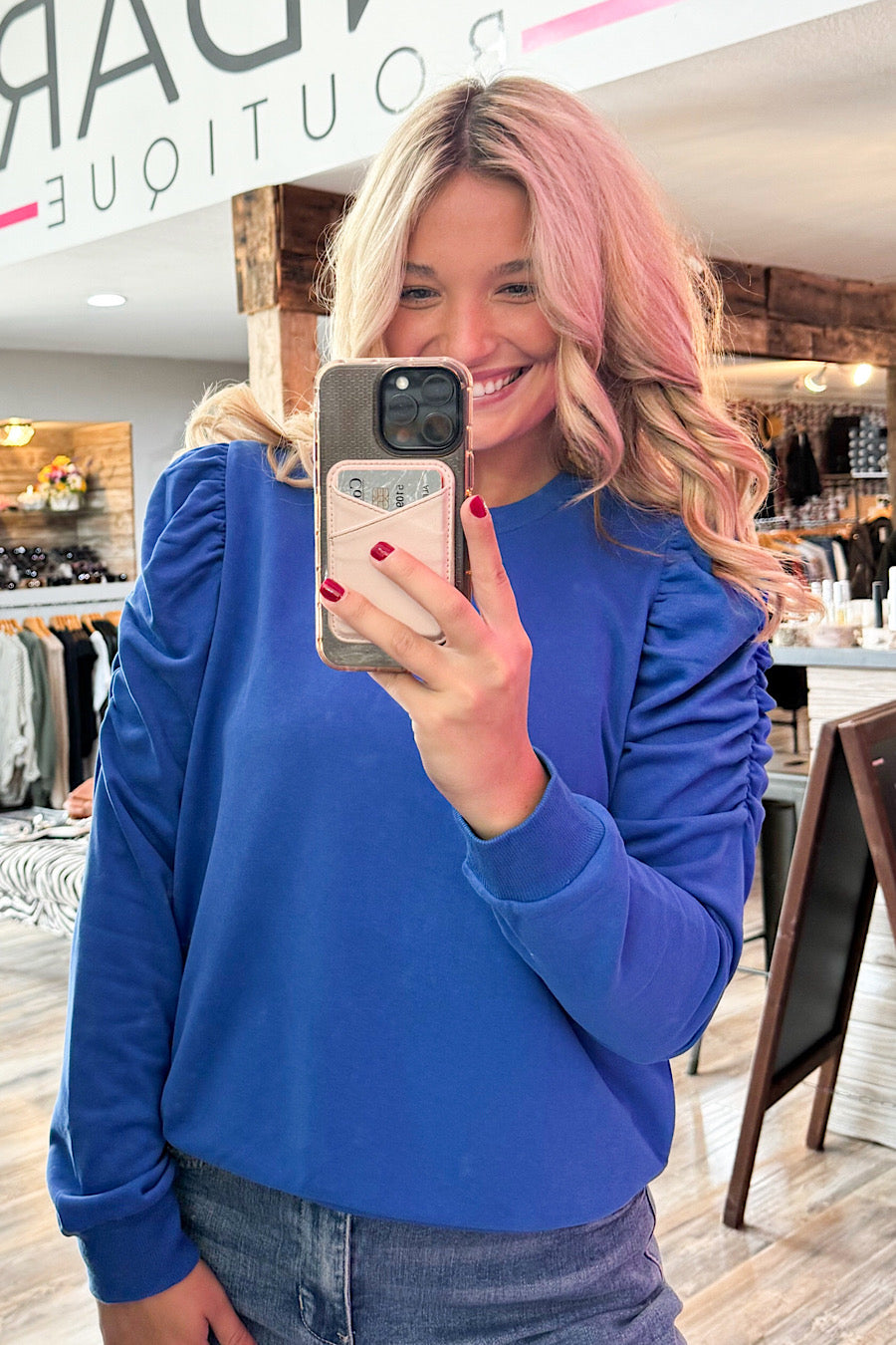 Sweet Talker Ruched Sleeve Sweatshirt Blue