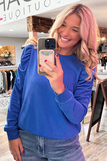 Sweet Talker Ruched Sleeve Sweatshirt Blue