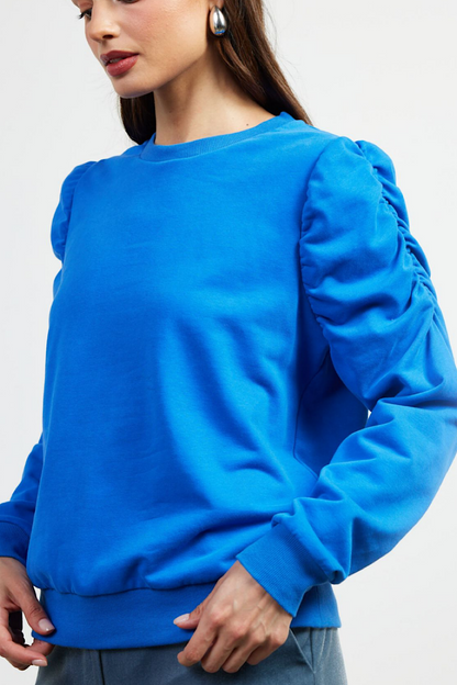 Sweet Talker Ruched Sleeve Sweatshirt Blue