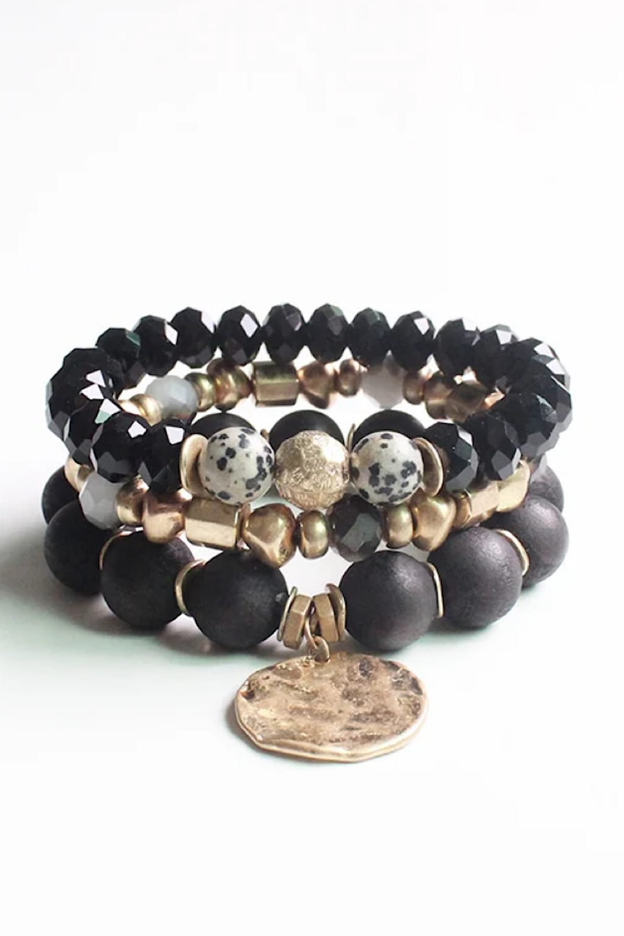 Set of 3 Beaded Bracelet Set in Back & Gold