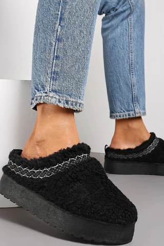 Teddy Faux Fur Flatform Sippers Black