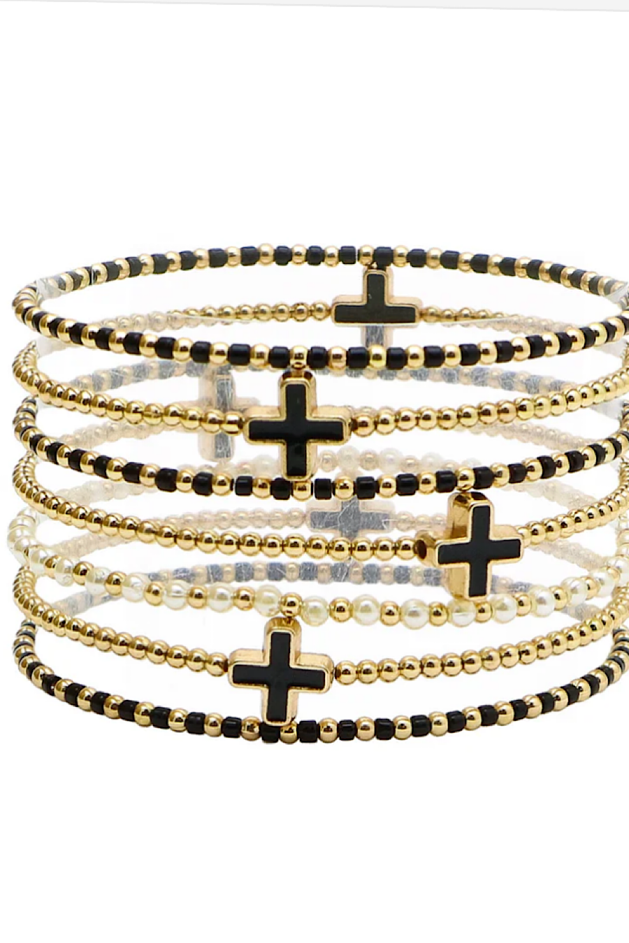 Black Cross Beaded Bracelet Set of 7