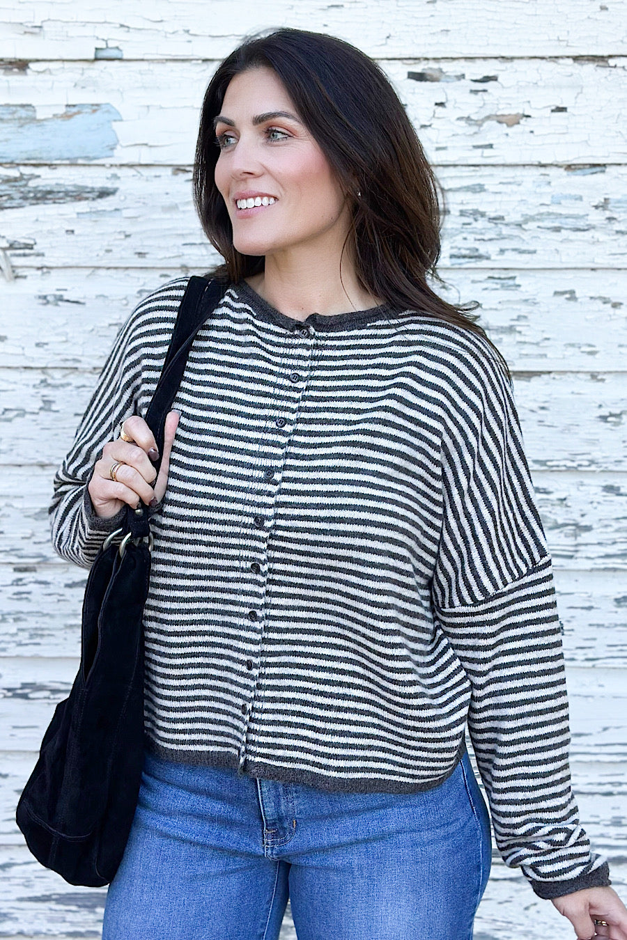 Alena Striped Knit Cardigan Dk Brown