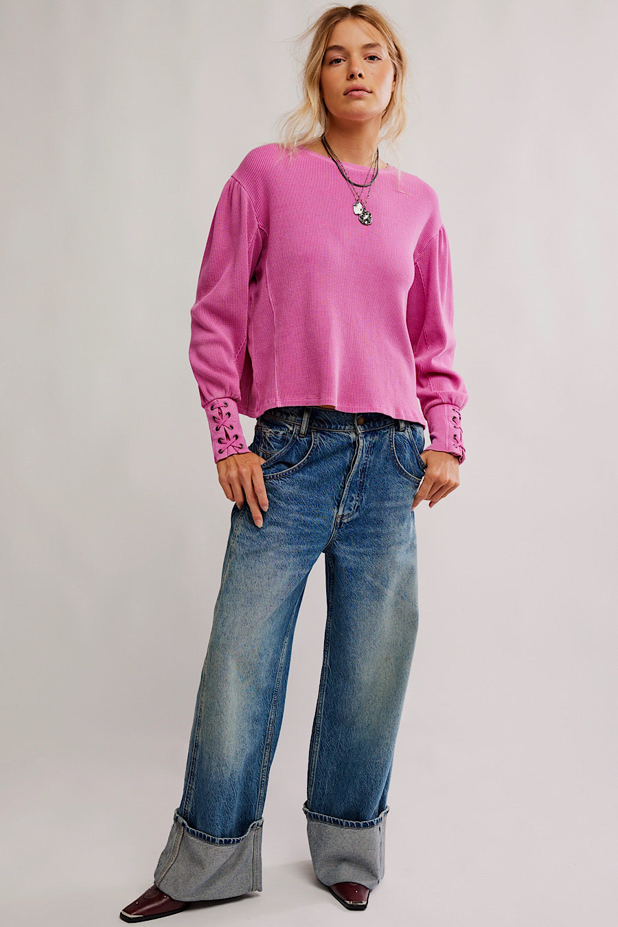 Free People Lapis Cuff Waffle Knit Top Plumdrop