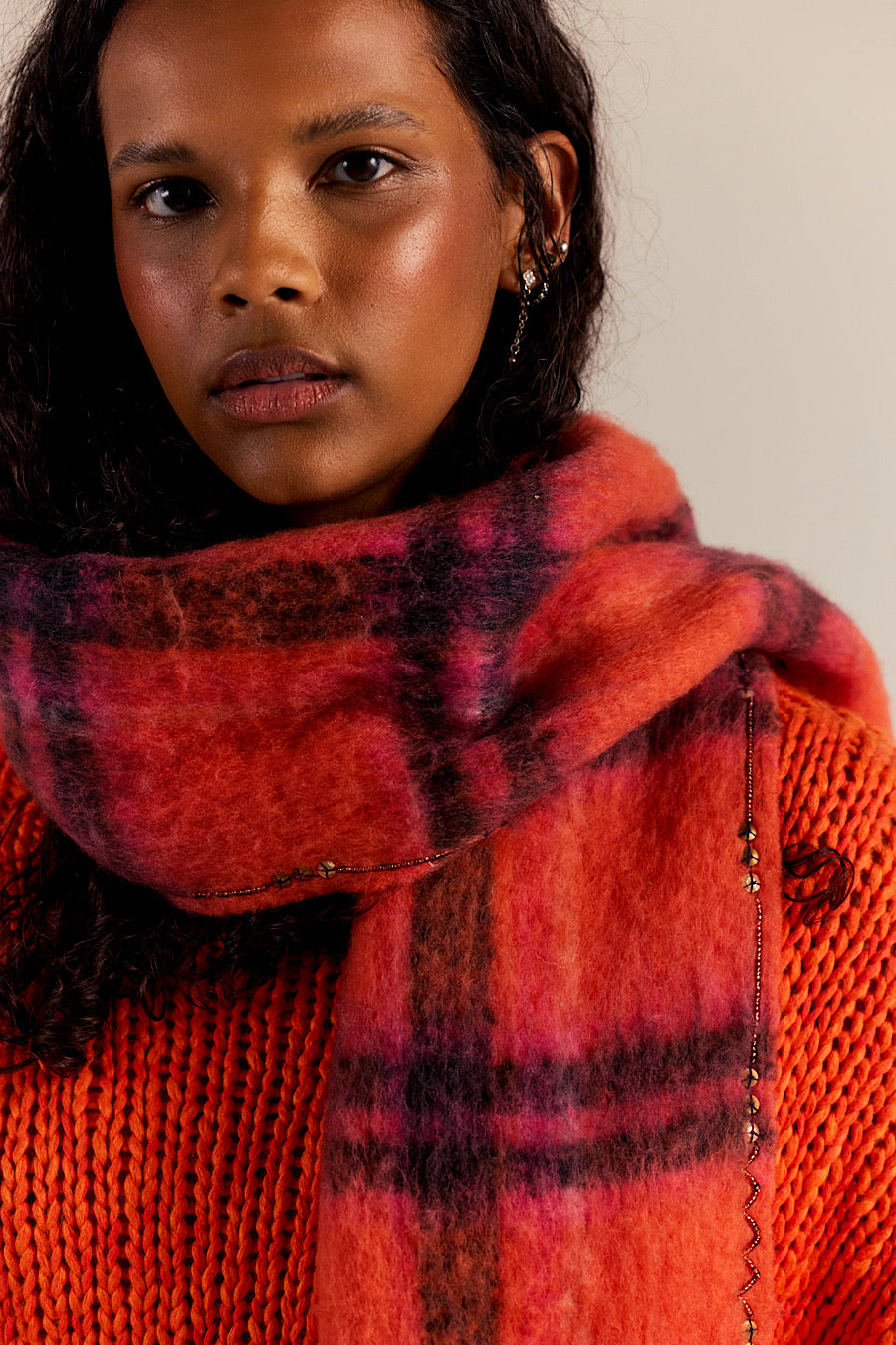 Free People Highland Plaid Scarf Pink Combo