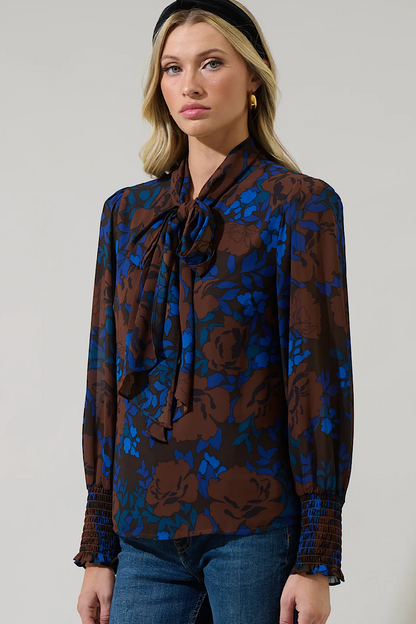 Lebanon Floral Printed Tie Neck Chiffon Blouse