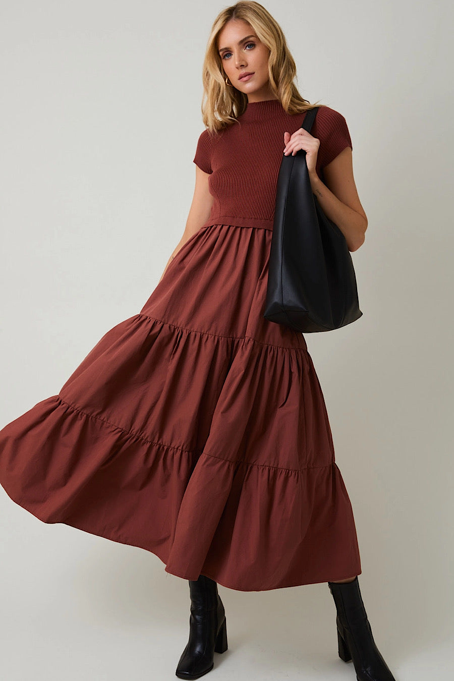 Look My Way Berry Mixed Media Pocket Dress