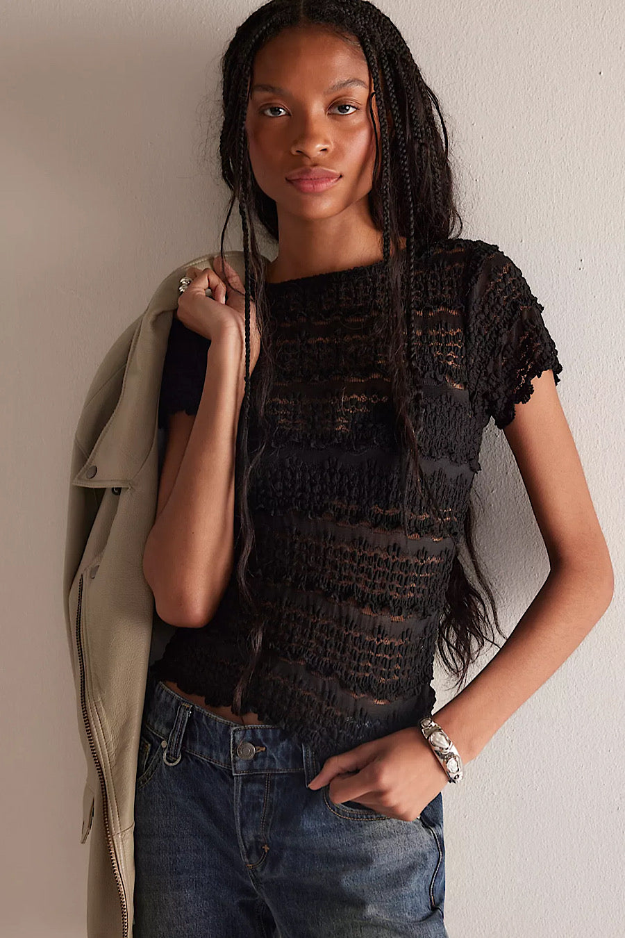 Free People Angelina Lace Tee Top Black