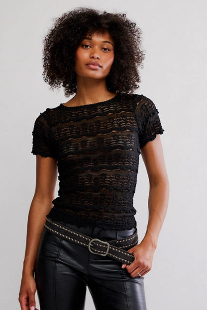 Free People Angelina Lace Tee Top Black