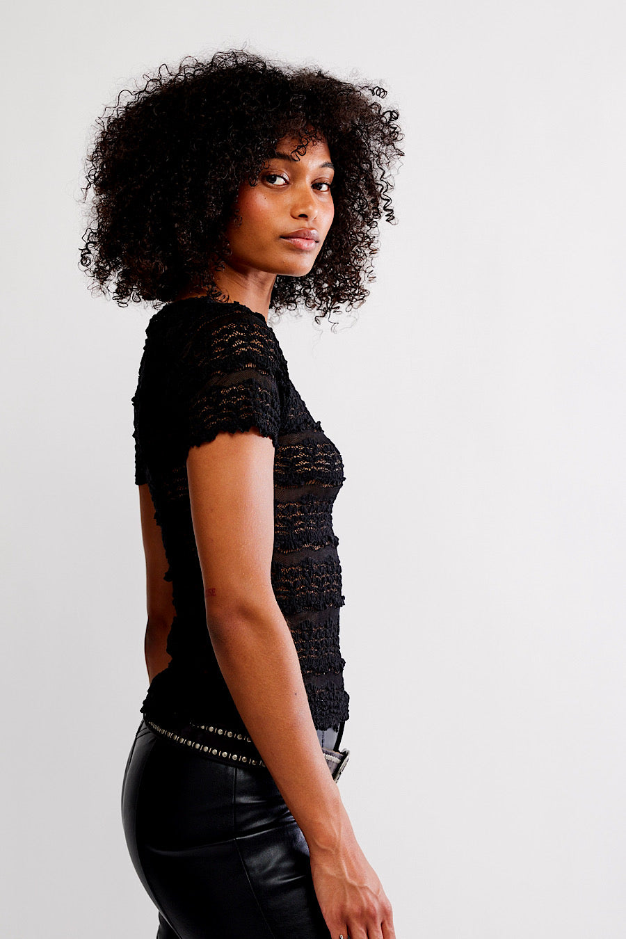 Free People Angelina Lace Tee Top Black