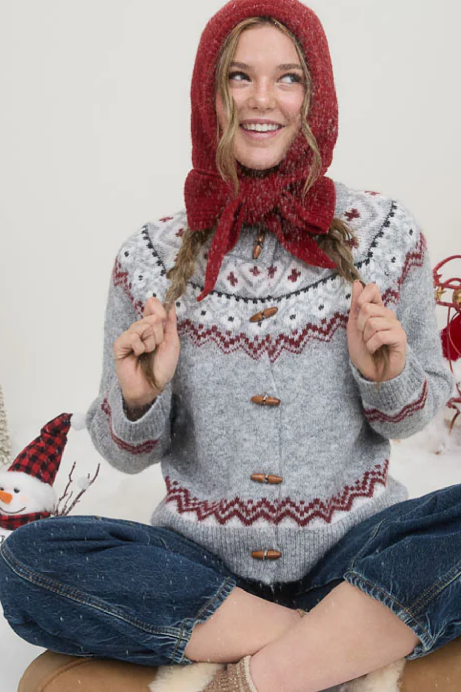 Snowy Day Fair Isle Toggle Front Cardigan Sweater