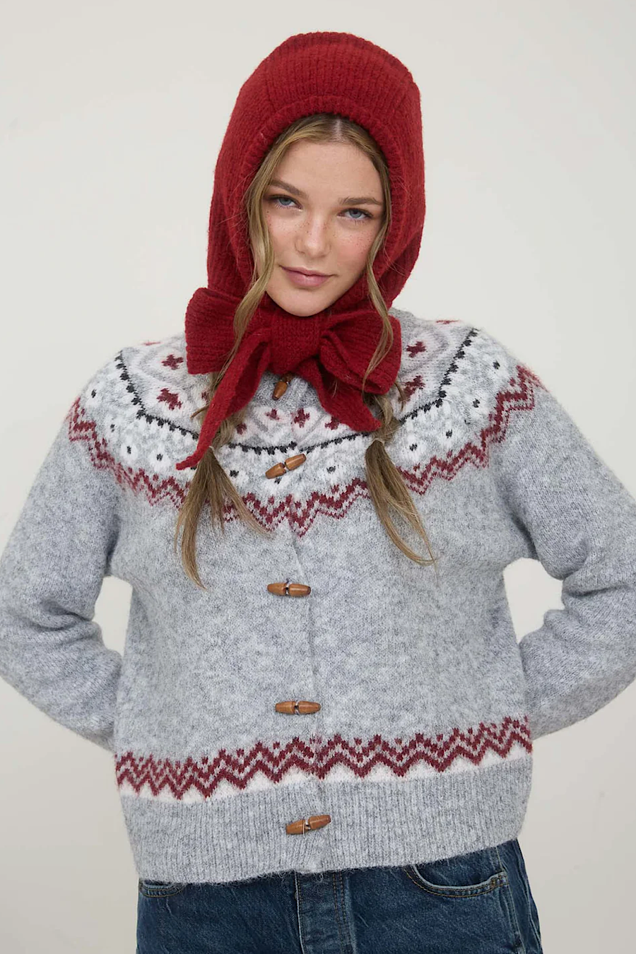 Snowy Day Fair Isle Toggle Front Cardigan Sweater