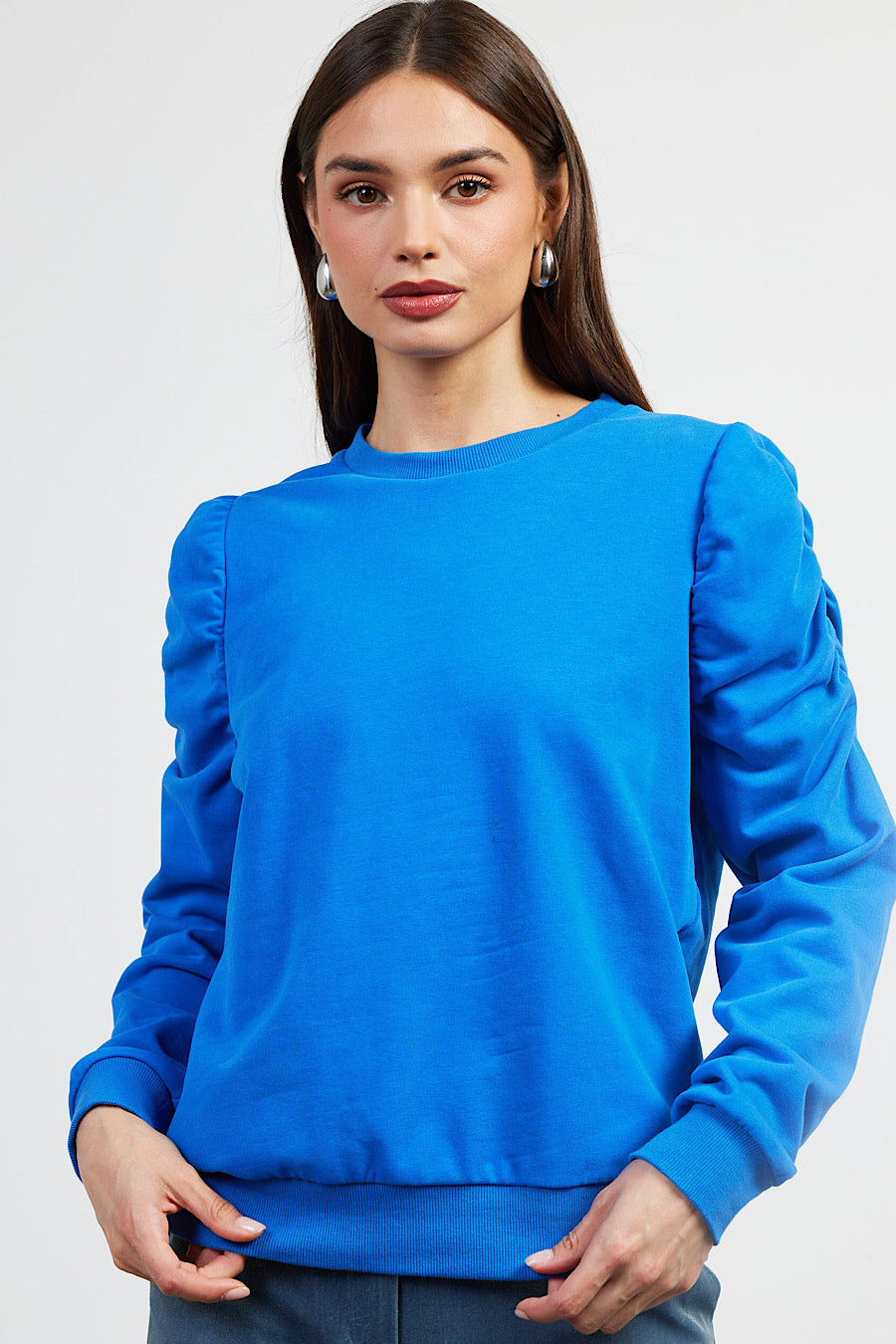 Sweet Talker Ruched Sleeve Sweatshirt Blue