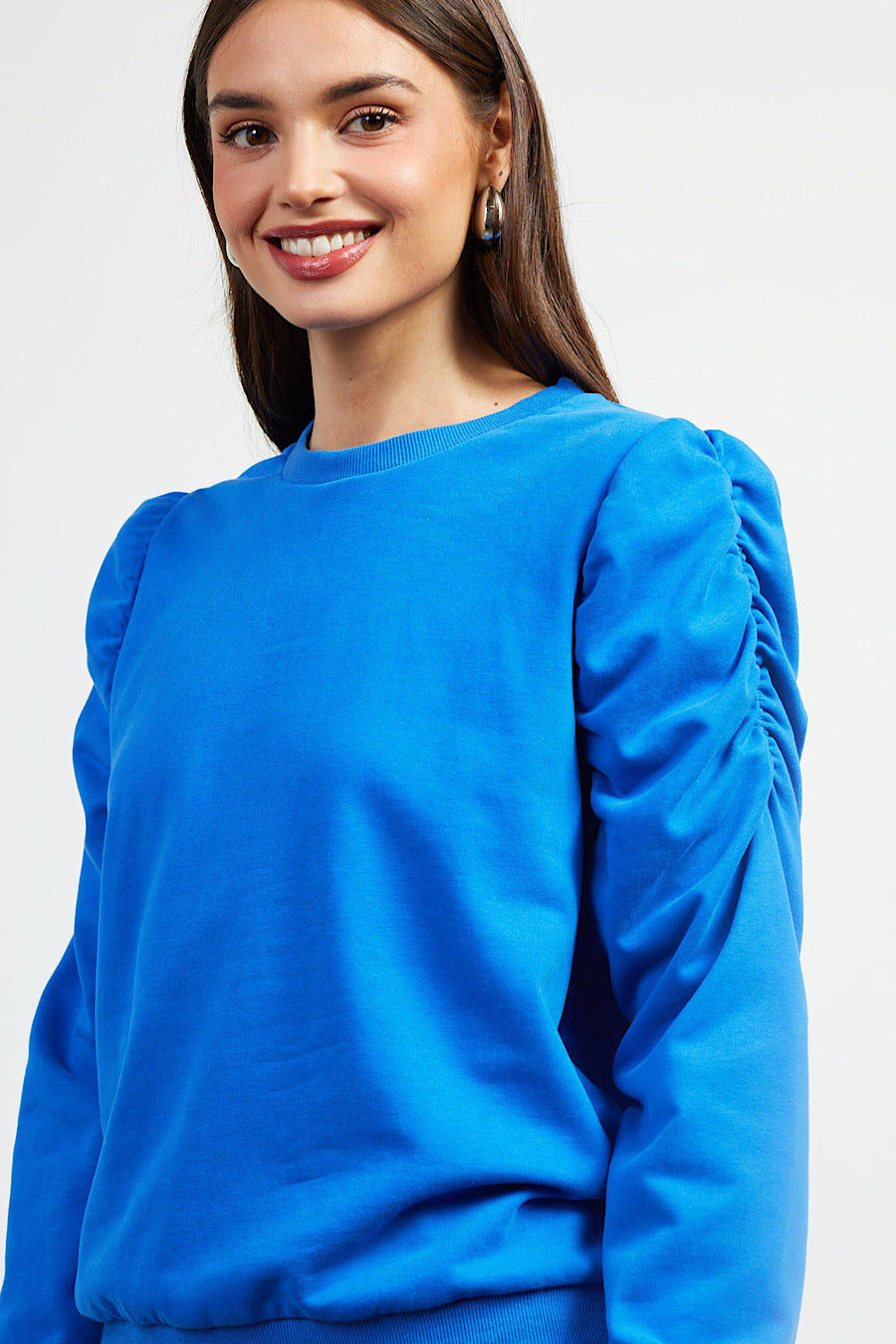 Sweet Talker Ruched Sleeve Sweatshirt Blue