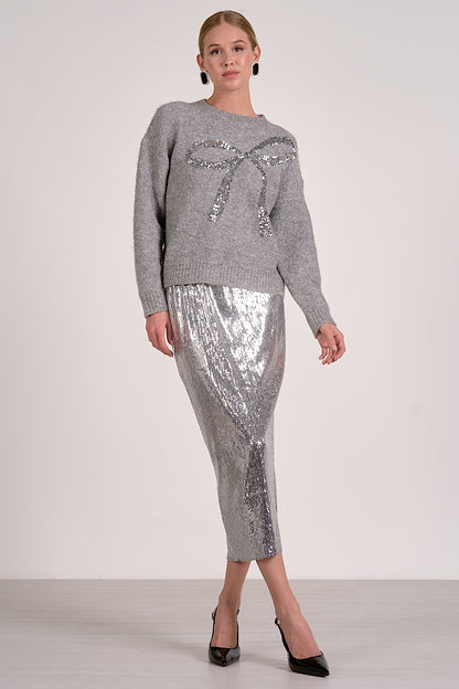 Tied in a Sequin Bow Sweater Grey
