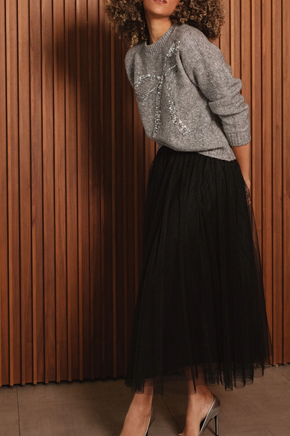 Tied in a Sequin Bow Sweater Grey