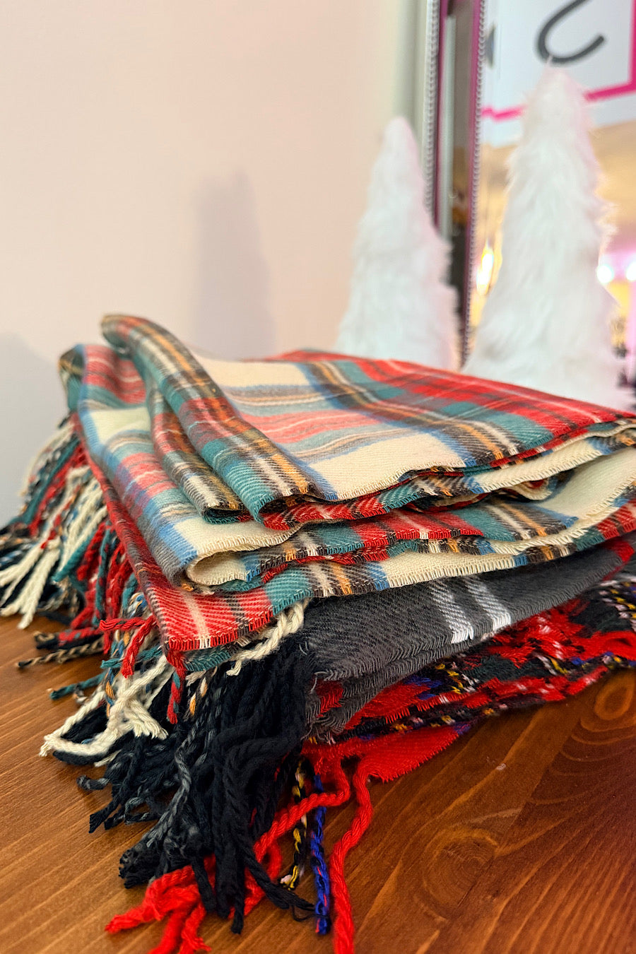 Traditional Christmas Plaid Scarf in Ivory, Red or Grey