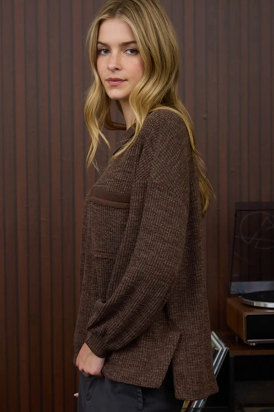 By the Brooke Long Sleeve Henley Top Brown