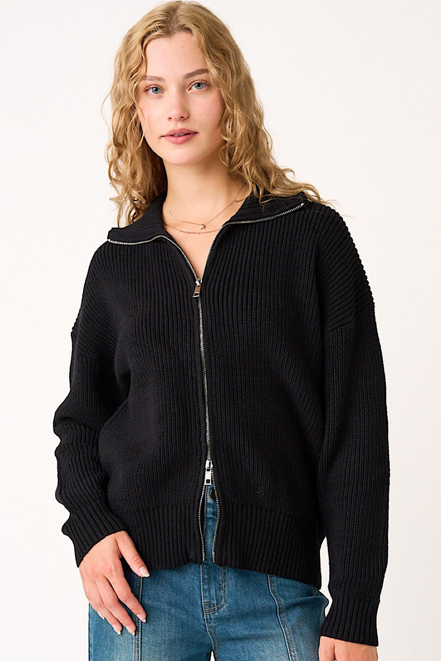 Black 2-Way Zip Up Collared Cardigan Sweater (Copy)