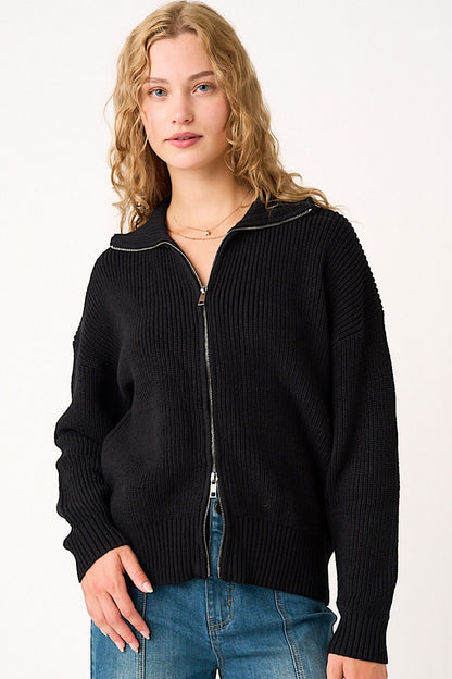 Black 2-Way Zip Up Collared Cardigan Sweater (Copy)