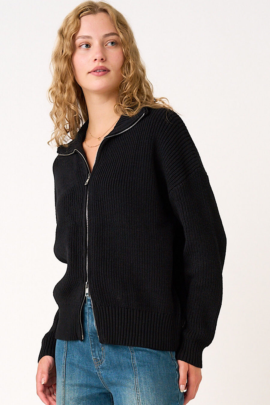 Black 2-Way Zip Up Collared Cardigan Sweater (Copy)