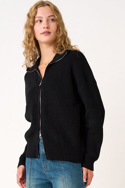 Black 2-Way Zip Up Collared Cardigan Sweater (Copy)