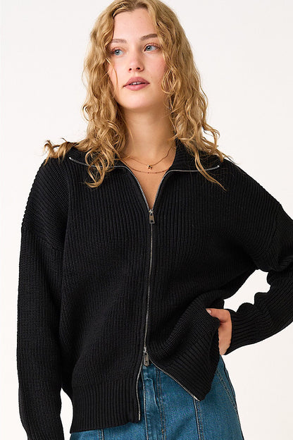 Black 2-Way Zip Up Collared Cardigan Sweater (Copy)