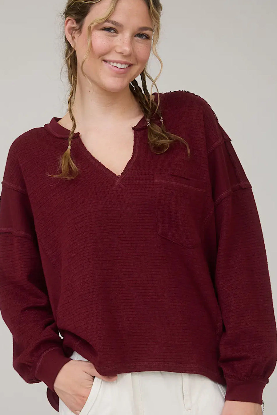 Wine Down Knit Henley Pullover Top