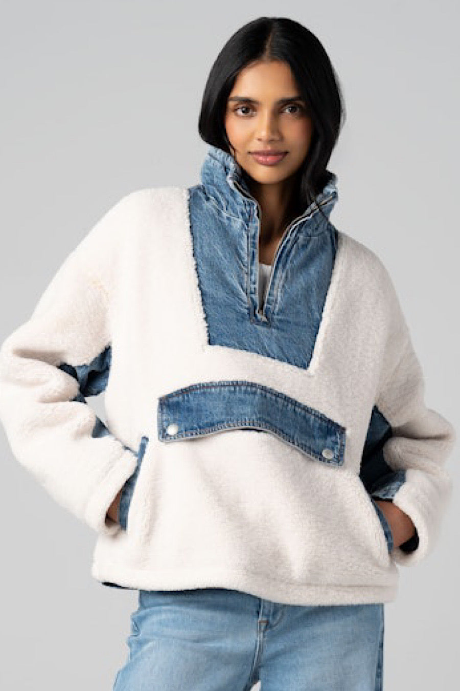 BlankNYC Break the Ice Shearling Denim Pullover Sweater