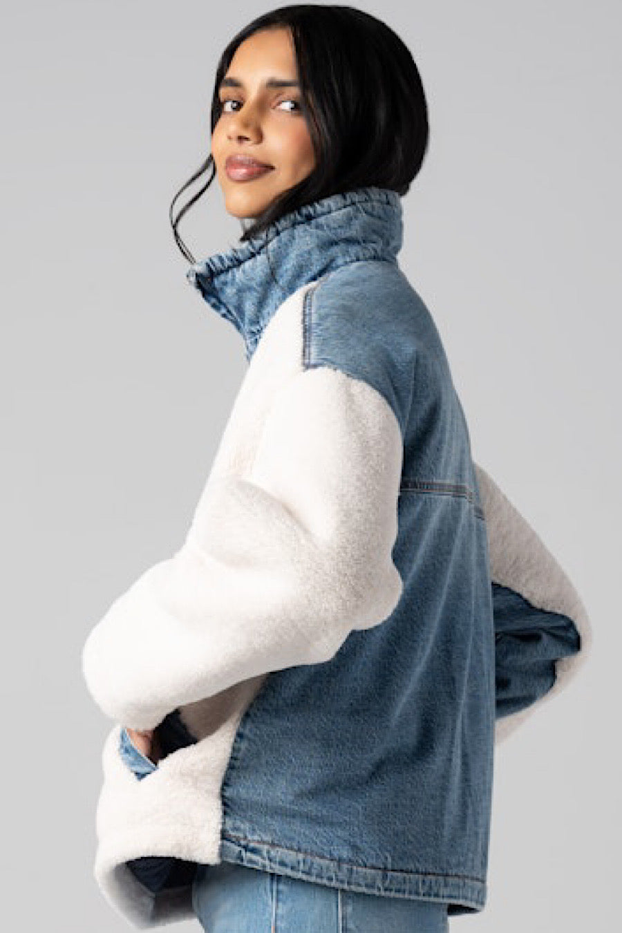 BlankNYC Break the Ice Shearling Denim Pullover Sweater