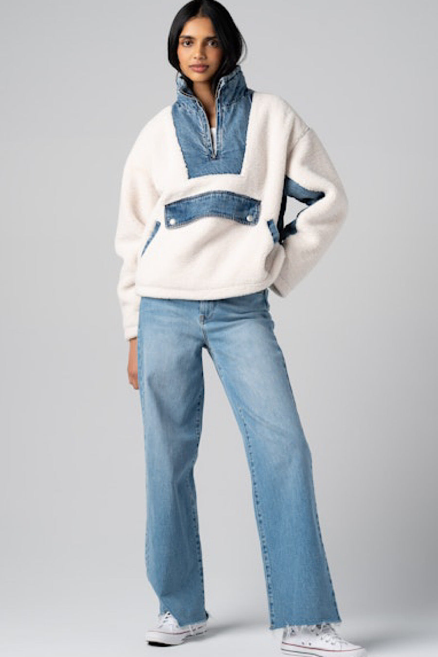 BlankNYC Break the Ice Shearling Denim Pullover Sweater
