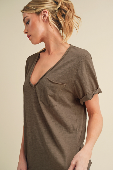 Zoie V-Neck Pocket T-Shirt Chocolate