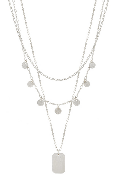 Triple Layered Disc & Pendant Tag Necklace in Silver or Gold