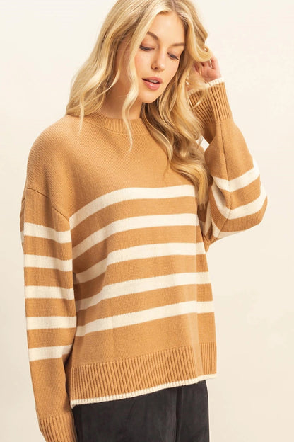DOOR BUSTER! Striped Relaxed Fit Sweater Taupe