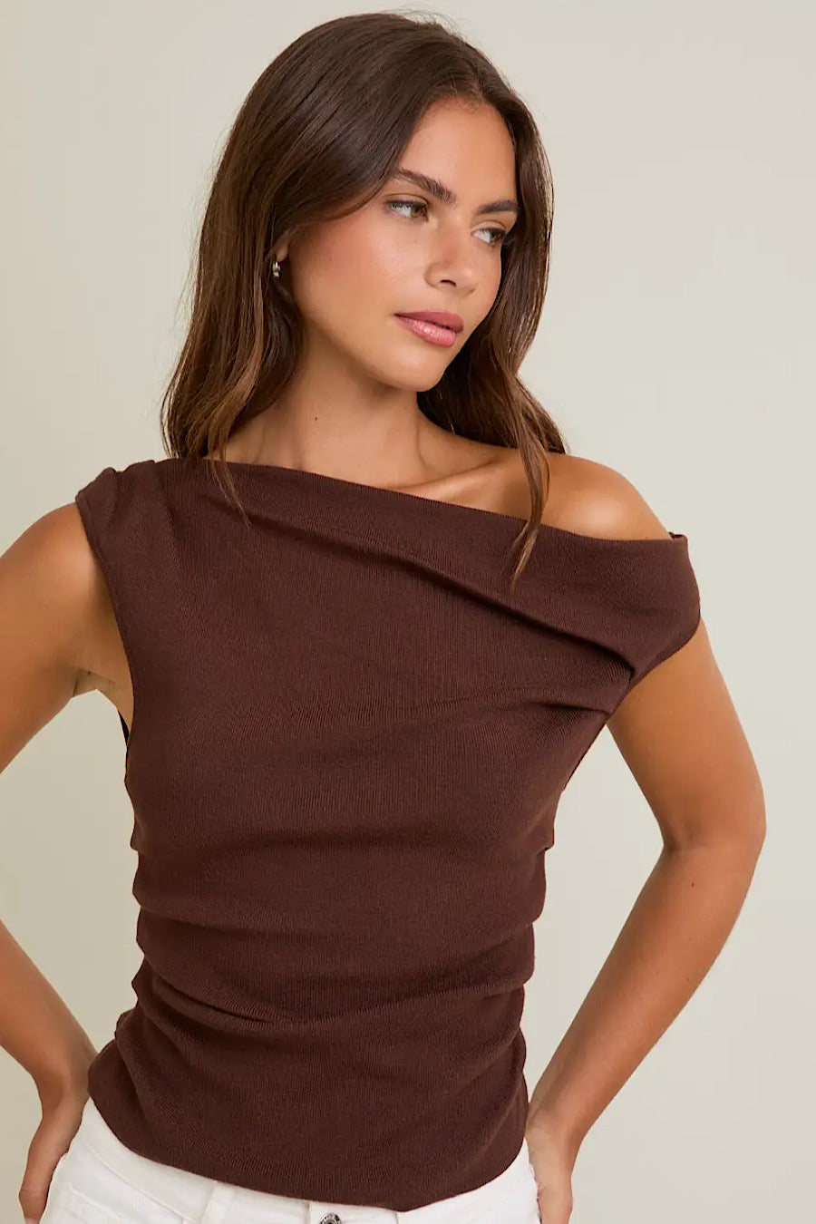 Last Night Asymmetrical Neck Sweater Brown