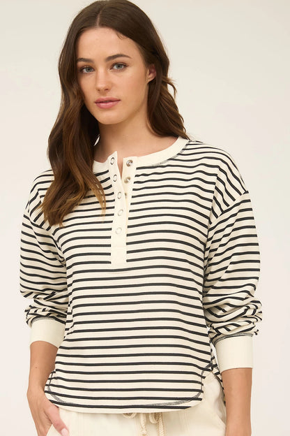 In a Rush Striped Henley Sweatshirt Top