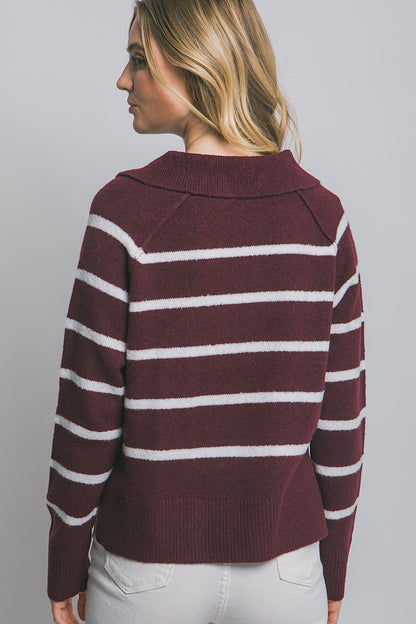 Daphne Striped Collar Polo Sweater Burgundy
