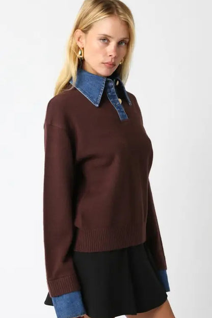 Triana Denim Knit Top Dark Brown