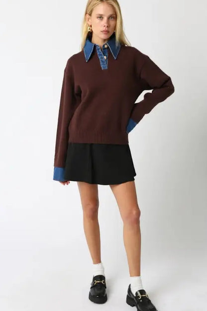 Triana Denim Knit Top Dark Brown