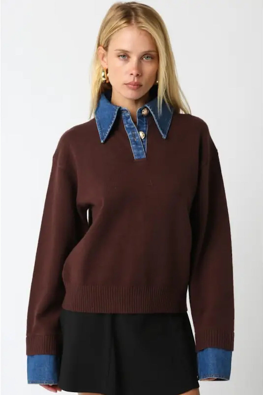 Triana Denim Knit Top Dark Brown