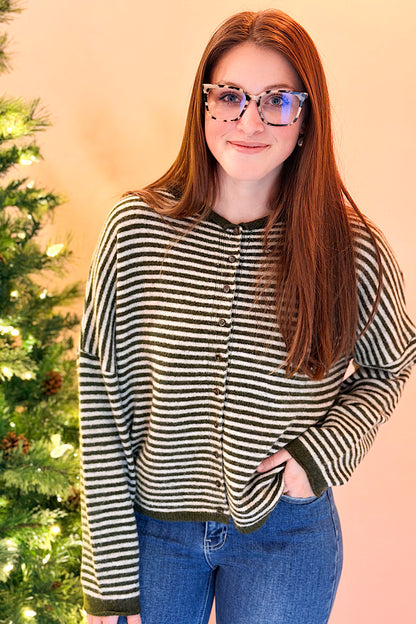 Alena Striped Knit Cardigan Olive Green